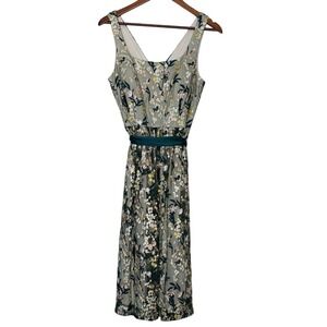 JS Collections Embroidered Mesh Midi Dress Ivory Green Floral Sash 6 NWT
